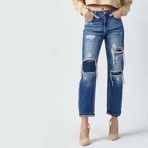 Risen Maggie Jeans Distressed Straight Leg Patch‎ Denim Medium Wash Size 11/30